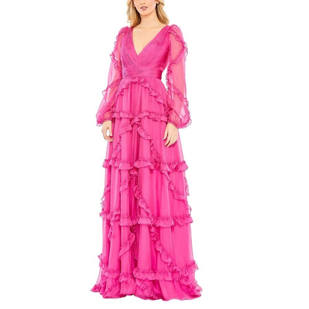 Mac Duggal Womens  Cascaded Ruffle Puff Sleeve A Line Gown, Pink